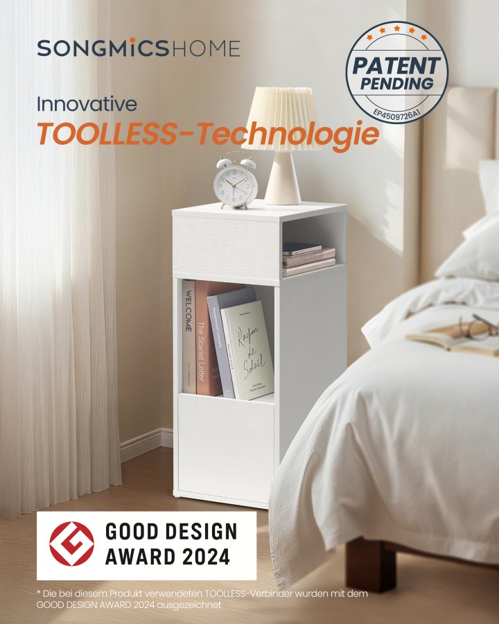 SONGMICS HOME Slim Natbord, Superhurtig V�rkt�jsfri Samling, Smalt Opbevaringssidebord med 2 �bne Rum og 1 Skuffe, Lille Natbordskab til Sovev�relse, 30 x 25 x 59,4 cm, Hvid LET911WE01