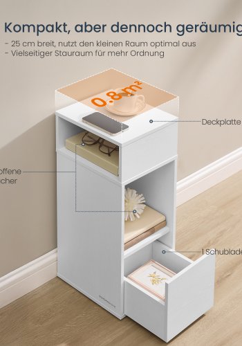 SONGMICS HOME Slim Natbord, Superhurtig V�rkt�jsfri Samling, Smalt Opbevaringssidebord med 2 �bne Rum og 1 Skuffe, Lille Natbordskab til Sovev�relse, 30 x 25 x 59,4 cm, Hvid LET911WE01