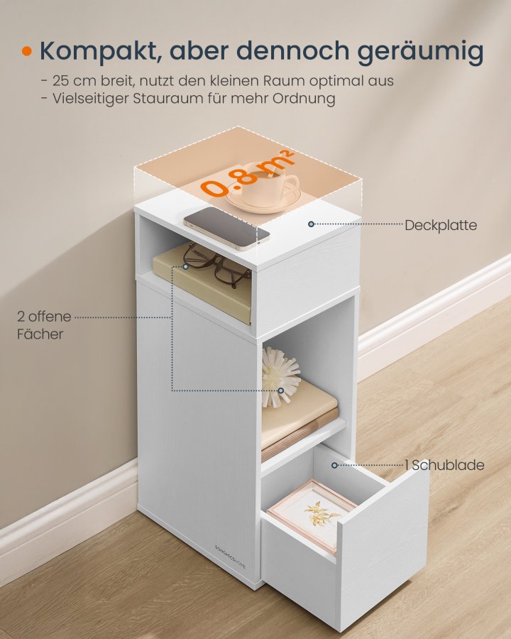 SONGMICS HOME Slim Natbord, Superhurtig V�rkt�jsfri Samling, Smalt Opbevaringssidebord med 2 �bne Rum og 1 Skuffe, Lille Natbordskab til Sovev�relse, 30 x 25 x 59,4 cm, Hvid LET911WE01