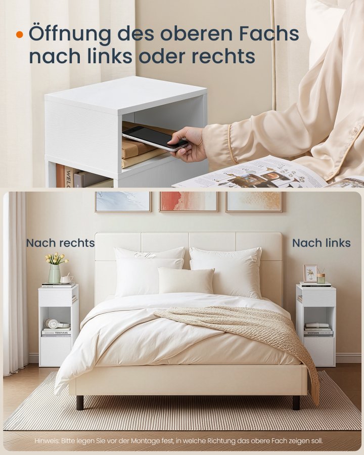 SONGMICS HOME Slim Natbord, Superhurtig V�rkt�jsfri Samling, Smalt Opbevaringssidebord med 2 �bne Rum og 1 Skuffe, Lille Natbordskab til Sovev�relse, 30 x 25 x 59,4 cm, Hvid LET911WE01