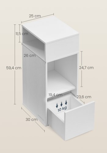 SONGMICS HOME Slim Natbord, Superhurtig V�rkt�jsfri Samling, Smalt Opbevaringssidebord med 2 �bne Rum og 1 Skuffe, Lille Natbordskab til Sovev�relse, 30 x 25 x 59,4 cm, Hvid LET911WE01