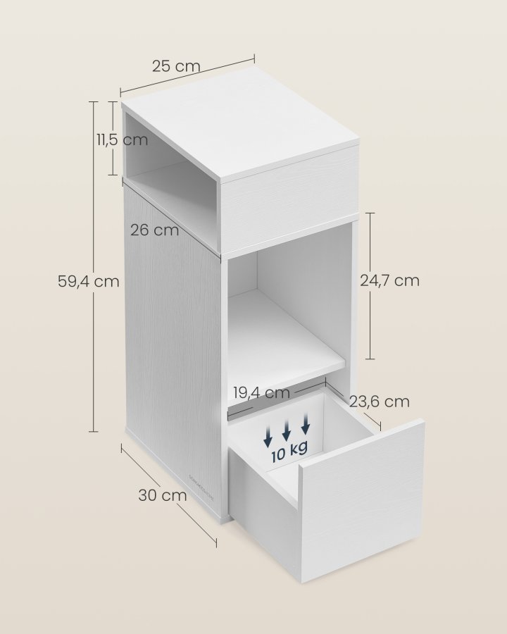 SONGMICS HOME Slim Natbord, Superhurtig V�rkt�jsfri Samling, Smalt Opbevaringssidebord med 2 �bne Rum og 1 Skuffe, Lille Natbordskab til Sovev�relse, 30 x 25 x 59,4 cm, Hvid LET911WE01