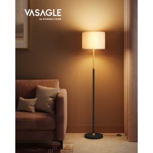VASAGLE Gulvlampe, Justerbar H�jde fra 140 til 170 cm, Moderne Stil, Fodkontakt, Stofsk�rm, E27 Fatning, Guld og Sort LFL002B02 [Energiklasse F]