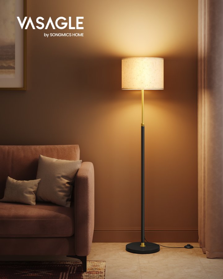 VASAGLE Gulvlampe, Justerbar H�jde fra 140 til 170 cm, Moderne Stil, Fodkontakt, Stofsk�rm, E27 Fatning, Guld og Sort LFL002B02 [Energiklasse F]
