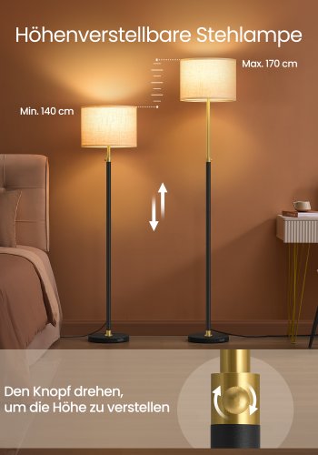 VASAGLE Gulvlampe, Justerbar H�jde fra 140 til 170 cm, Moderne Stil, Fodkontakt, Stofsk�rm, E27 Fatning, Guld og Sort LFL002B02 [Energiklasse F]