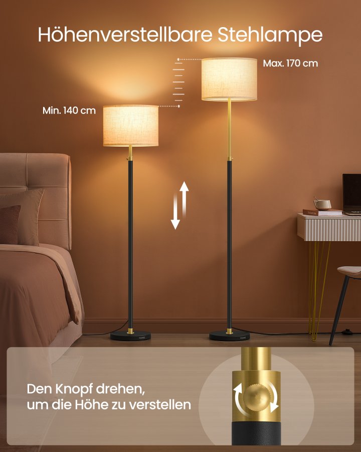 VASAGLE Gulvlampe, Justerbar H�jde fra 140 til 170 cm, Moderne Stil, Fodkontakt, Stofsk�rm, E27 Fatning, Guld og Sort LFL002B02 [Energiklasse F]