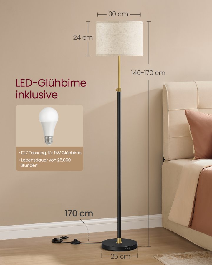 VASAGLE Gulvlampe, Justerbar H�jde fra 140 til 170 cm, Moderne Stil, Fodkontakt, Stofsk�rm, E27 Fatning, Guld og Sort LFL002B02 [Energiklasse F]