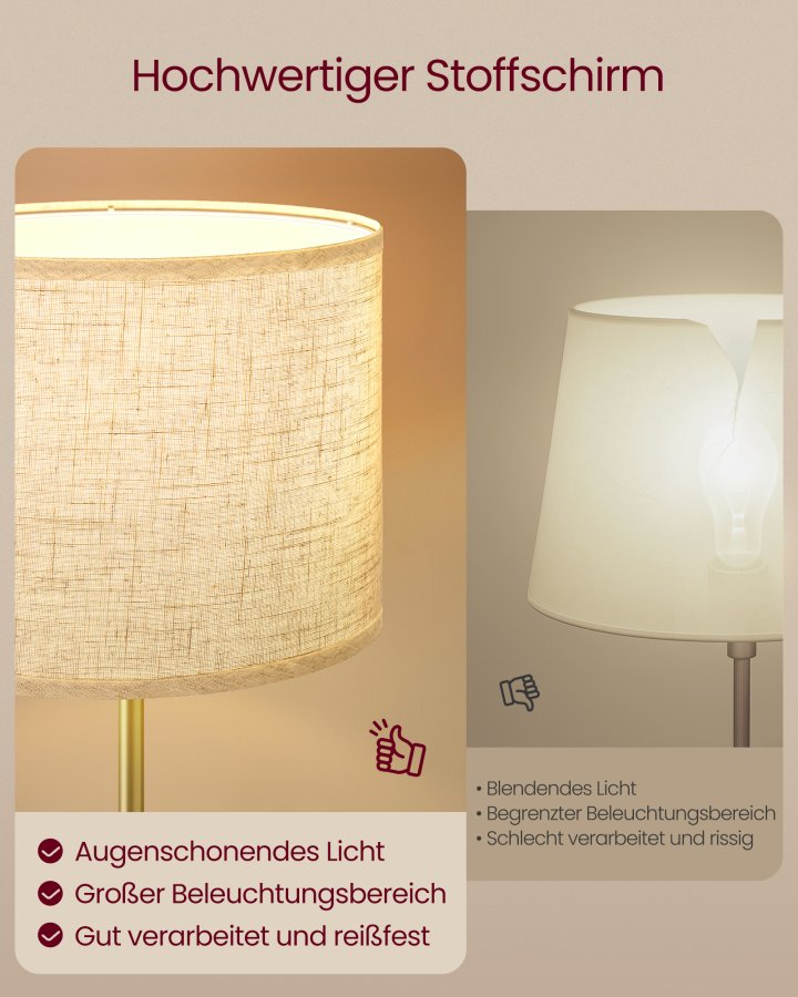 VASAGLE Gulvlampe, Justerbar H�jde fra 140 til 170 cm, Moderne Stil, Fodkontakt, Stofsk�rm, E27 Fatning, Guld og Sort LFL002B02 [Energiklasse F]