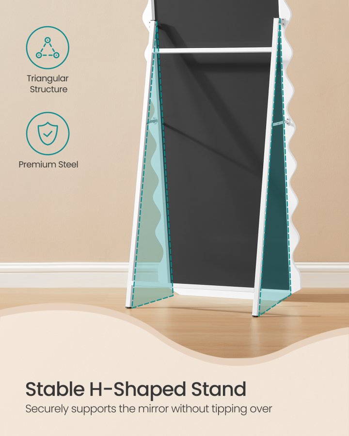 SONGMICS Helkroppsspegel, 160 x 50 cm, Oregelbundet v�gig Helkroppsspegel med Stativ, St�ende, MDF-ram, F&ouml;r Sovrum, Vardagsrum, Hall, Molnvit LFM027W01