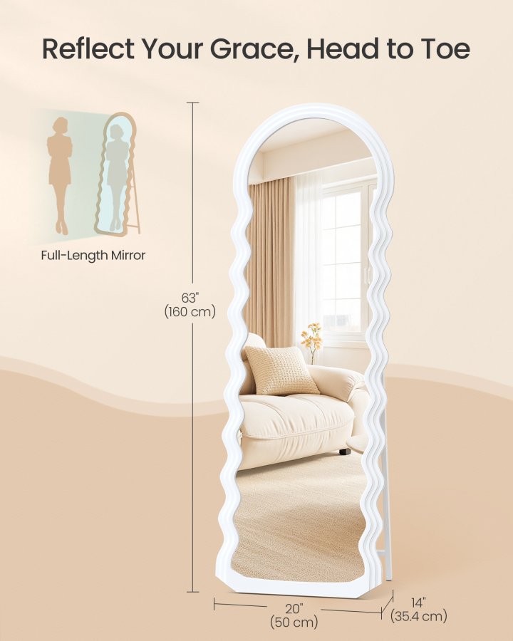 SONGMICS Helkroppsspegel, 160 x 50 cm, Oregelbundet v�gig Helkroppsspegel med Stativ, St�ende, MDF-ram, F&ouml;r Sovrum, Vardagsrum, Hall, Molnvit LFM027W01