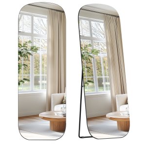 SONGMICS Helkroppsspegel, 160 x 50 cm, Rundad Rektangul&auml;r Helkroppsspegel med Stativ, Aluminiumram, H&auml;rdat Glas, F&ouml;r Sovrum, Omkl&auml;dningsrum, Bl&auml;cksvart LFM029B01