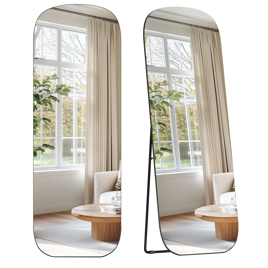 SONGMICS Helkroppsspegel, 160 x 50 cm, Rundad Rektangul&auml;r Helkroppsspegel med Stativ, Aluminiumram, H&auml;rdat Glas, F&ouml;r Sovrum, Omkl&auml;dningsrum, Bl&auml;cksvart LFM029B01