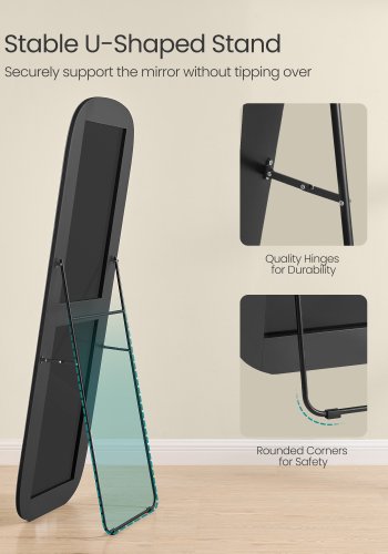 SONGMICS Helkroppsspegel, 160 x 50 cm, Rundad Rektangul&auml;r Helkroppsspegel med Stativ, Aluminiumram, H&auml;rdat Glas, F&ouml;r Sovrum, Omkl&auml;dningsrum, Bl&auml;cksvart LFM029B01