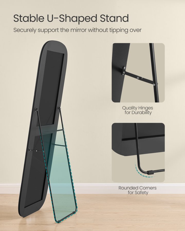 SONGMICS Helkroppsspegel, 160 x 50 cm, Rundad Rektangul&auml;r Helkroppsspegel med Stativ, Aluminiumram, H&auml;rdat Glas, F&ouml;r Sovrum, Omkl&auml;dningsrum, Bl&auml;cksvart LFM029B01
