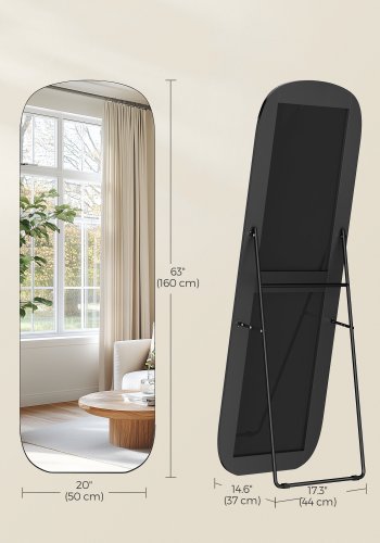 SONGMICS Helkroppsspegel, 160 x 50 cm, Rundad Rektangul&auml;r Helkroppsspegel med Stativ, Aluminiumram, H&auml;rdat Glas, F&ouml;r Sovrum, Omkl&auml;dningsrum, Bl&auml;cksvart LFM029B01