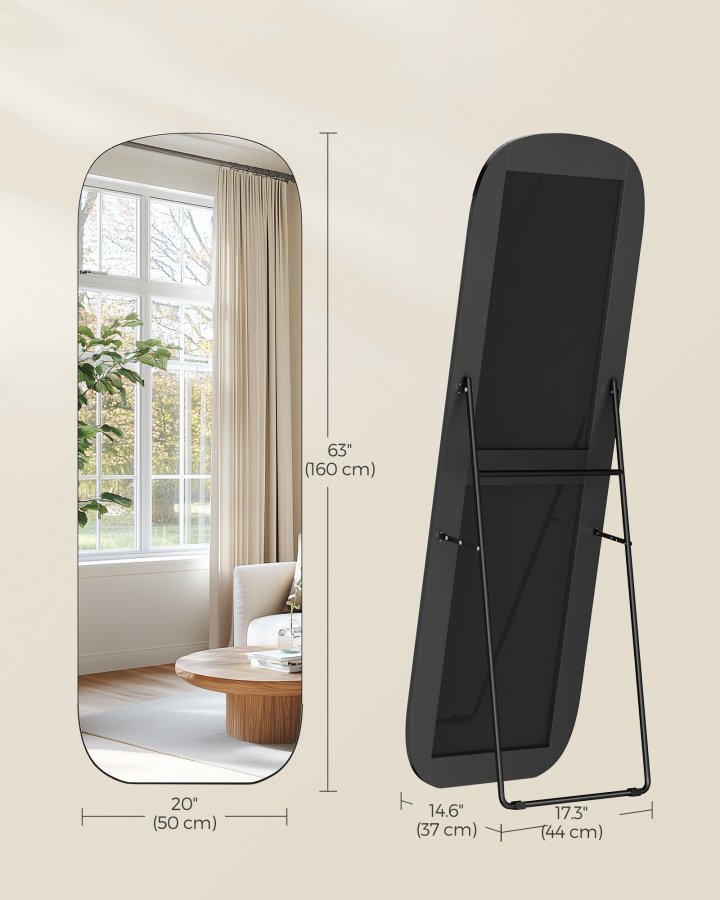 SONGMICS Helkroppsspegel, 160 x 50 cm, Rundad Rektangul&auml;r Helkroppsspegel med Stativ, Aluminiumram, H&auml;rdat Glas, F&ouml;r Sovrum, Omkl&auml;dningsrum, Bl&auml;cksvart LFM029B01
