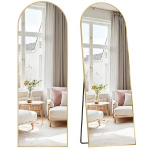 SONGMICS Helkroppsspegel, 160 x 50 cm, B&ouml;jd Helkroppsspegel med Stativ, Aluminiumram, H&auml;rdat Glas, F&ouml;r Sovrum, Vardagsrum, Garderob, Ljusguld LFM031A01
