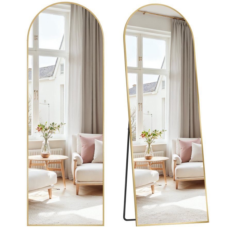 SONGMICS Helkroppsspegel, 160 x 50 cm, B&ouml;jd Helkroppsspegel med Stativ, Aluminiumram, H&auml;rdat Glas, F&ouml;r Sovrum, Vardagsrum, Garderob, Ljusguld LFM031A01