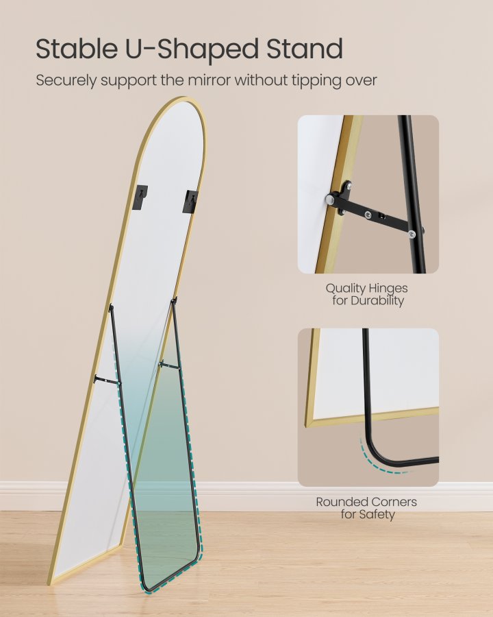 SONGMICS Helkroppsspegel, 160 x 50 cm, B&ouml;jd Helkroppsspegel med Stativ, Aluminiumram, H&auml;rdat Glas, F&ouml;r Sovrum, Vardagsrum, Garderob, Ljusguld LFM031A01