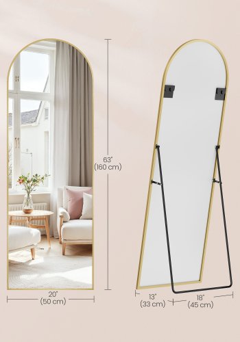 SONGMICS Helkroppsspegel, 160 x 50 cm, B&ouml;jd Helkroppsspegel med Stativ, Aluminiumram, H&auml;rdat Glas, F&ouml;r Sovrum, Vardagsrum, Garderob, Ljusguld LFM031A01