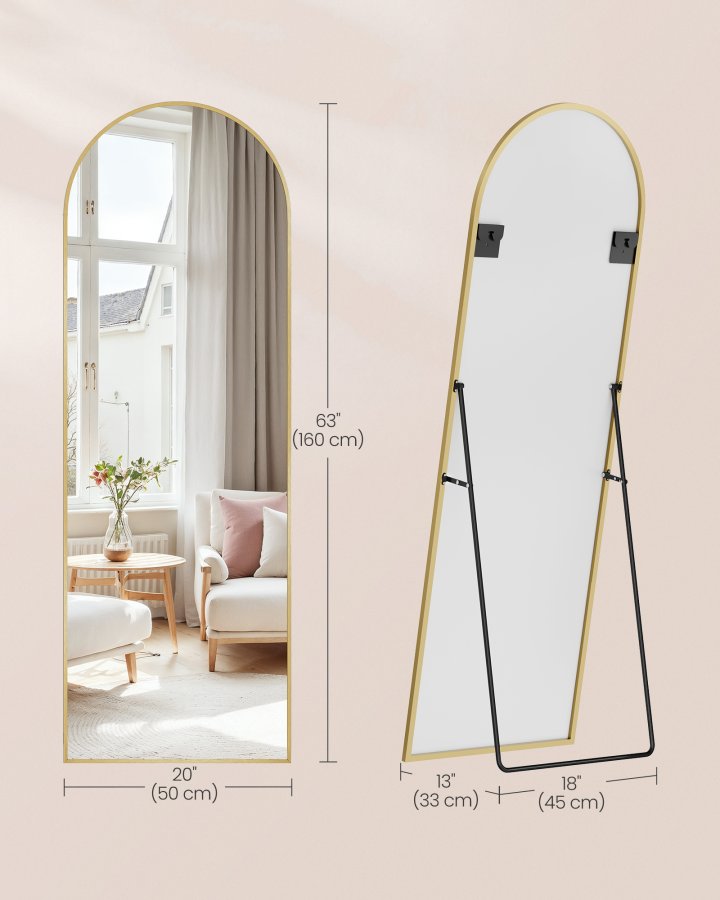 SONGMICS Helkroppsspegel, 160 x 50 cm, B&ouml;jd Helkroppsspegel med Stativ, Aluminiumram, H&auml;rdat Glas, F&ouml;r Sovrum, Vardagsrum, Garderob, Ljusguld LFM031A01