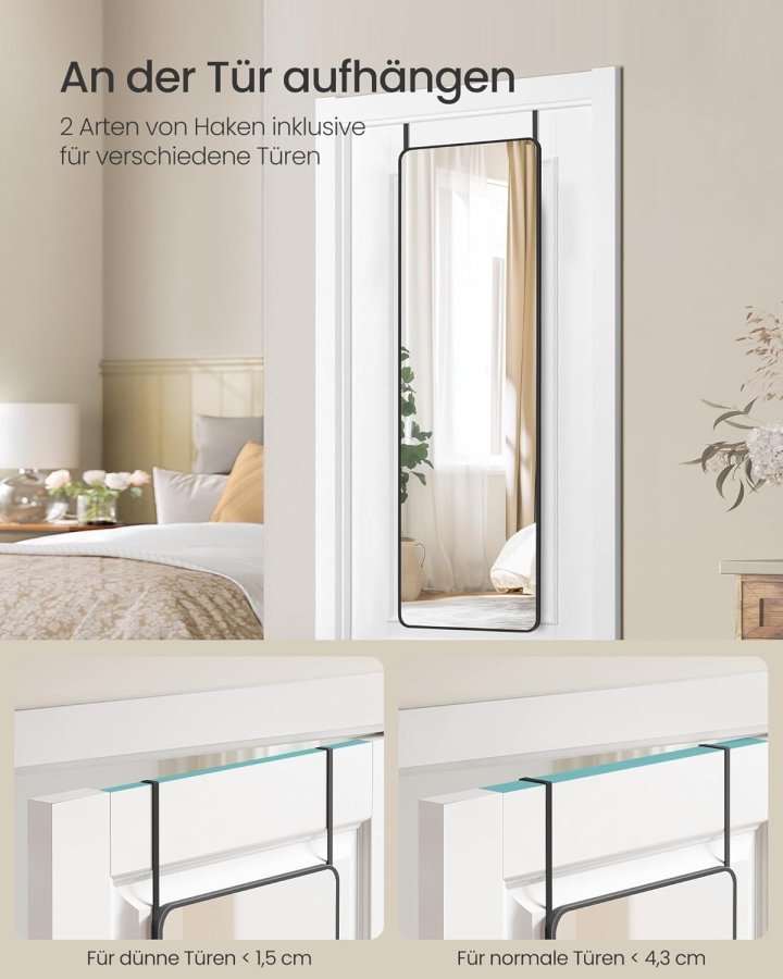 SONGMICS Helkroppsspegel 120x40 cm Rektangul&auml;r Spegel V&auml;ggmonterad D&ouml;rrmonterad Aluminiumlegering Ram H&auml;rdat Glas Sovrum Vardagsrum Garderob Bl&auml;cksvart LFM032B01