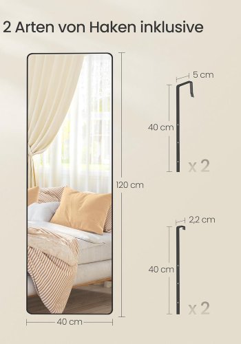 SONGMICS Helkroppsspegel 120x40 cm Rektangul&auml;r Spegel V&auml;ggmonterad D&ouml;rrmonterad Aluminiumlegering Ram H&auml;rdat Glas Sovrum Vardagsrum Garderob Bl&auml;cksvart LFM032B01