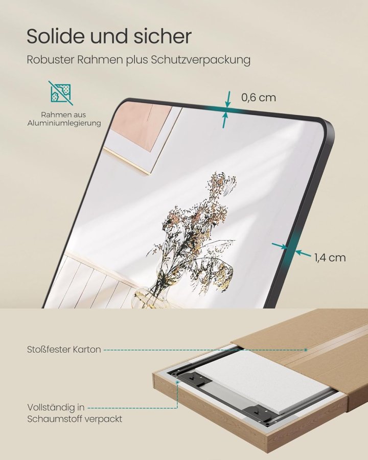 SONGMICS Helkroppsspegel 120x40 cm Rektangul&auml;r Spegel V&auml;ggmonterad D&ouml;rrmonterad Aluminiumlegering Ram H&auml;rdat Glas Sovrum Vardagsrum Garderob Bl&auml;cksvart LFM032B01