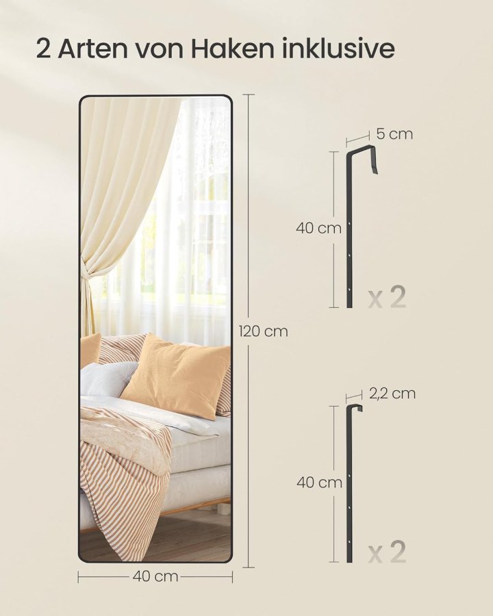 SONGMICS Helkroppsspegel 120x40 cm Rektangul&auml;r Spegel V&auml;ggmonterad D&ouml;rrmonterad Aluminiumlegering Ram H&auml;rdat Glas Sovrum Vardagsrum Garderob Bl&auml;cksvart LFM032B01