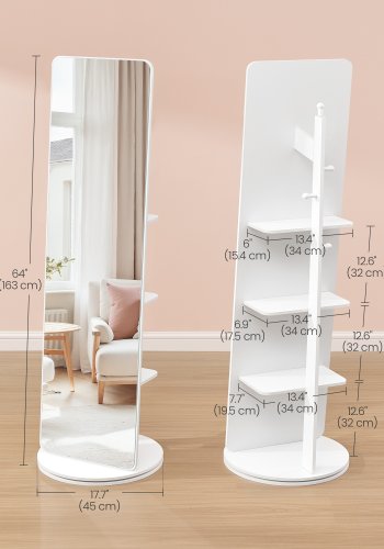 SONGMICS Helkroppsspegel, St�ende Helkroppsspegel, 360&deg; Roterbar, 163 x 45 cm, Med Fot, Hyllor och Krokar, Klarh&auml;rdat Glas, F&ouml;r Sovrum, Vardagsrum, Molnvit LFM036W01
