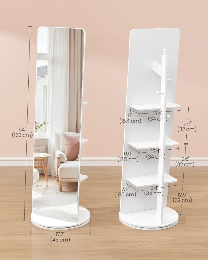 SONGMICS Helkroppsspegel, St�ende Helkroppsspegel, 360&deg; Roterbar, 163 x 45 cm, Med Fot, Hyllor och Krokar, Klarh&auml;rdat Glas, F&ouml;r Sovrum, Vardagsrum, Molnvit LFM036W01