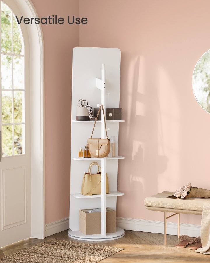 SONGMICS Helkroppsspegel, St�ende Helkroppsspegel, 360&deg; Roterbar, 163 x 45 cm, Med Fot, Hyllor och Krokar, Klarh&auml;rdat Glas, F&ouml;r Sovrum, Vardagsrum, Molnvit LFM036W01
