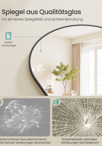 SONGMICS Helkroppsspegel, B&ouml;jd Golvspegel med Stativ, Aluminiumram, H&auml;rdat Glas, F&ouml;r Sovrum, Vardagsrum, Garderob, Runt H&ouml;rn, 160 x 50 cm, Matt Svart LFM051BD01