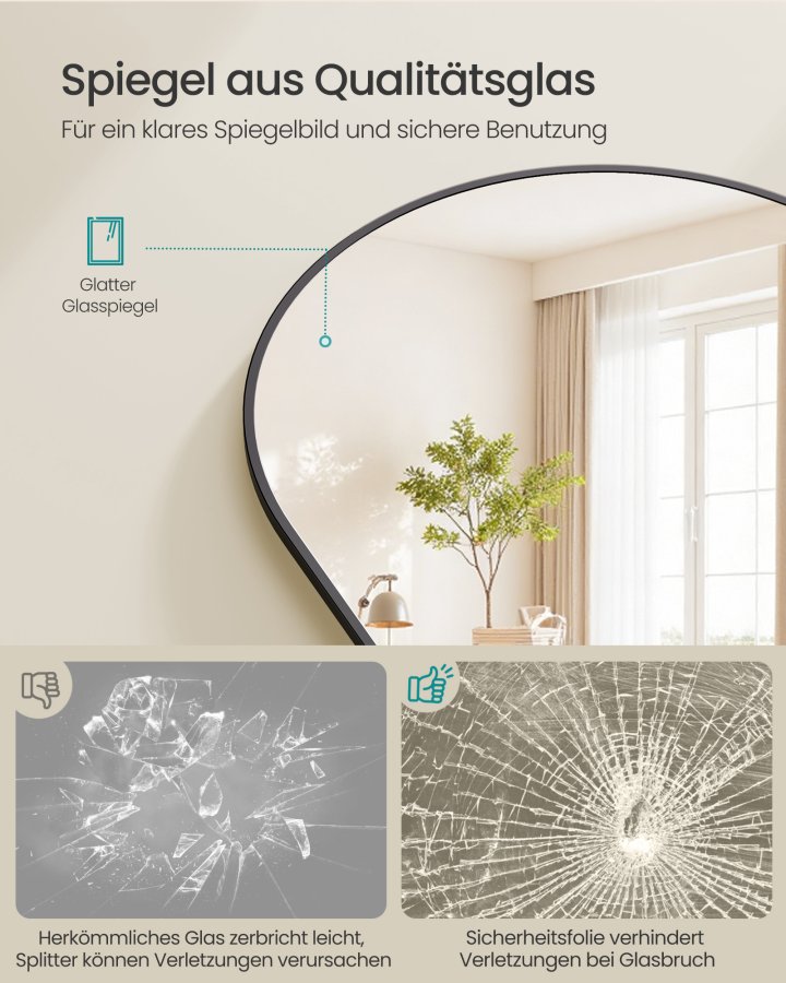 SONGMICS Helkroppsspegel, B&ouml;jd Golvspegel med Stativ, Aluminiumram, H&auml;rdat Glas, F&ouml;r Sovrum, Vardagsrum, Garderob, Runt H&ouml;rn, 160 x 50 cm, Matt Svart LFM051BD01