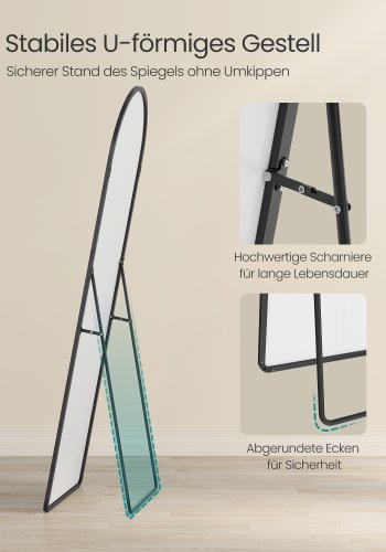 SONGMICS Helkroppsspegel, B&ouml;jd Golvspegel med Stativ, Aluminiumram, H&auml;rdat Glas, F&ouml;r Sovrum, Vardagsrum, Garderob, Runt H&ouml;rn, 160 x 50 cm, Matt Svart LFM051BD01