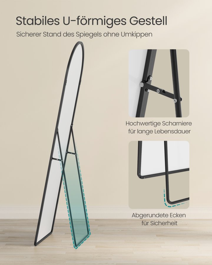 SONGMICS Helkroppsspegel, B&ouml;jd Golvspegel med Stativ, Aluminiumram, H&auml;rdat Glas, F&ouml;r Sovrum, Vardagsrum, Garderob, Runt H&ouml;rn, 160 x 50 cm, Matt Svart LFM051BD01