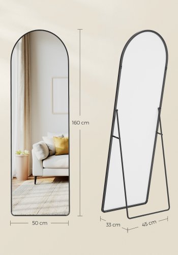 SONGMICS Helkroppsspegel, B&ouml;jd Golvspegel med Stativ, Aluminiumram, H&auml;rdat Glas, F&ouml;r Sovrum, Vardagsrum, Garderob, Runt H&ouml;rn, 160 x 50 cm, Matt Svart LFM051BD01