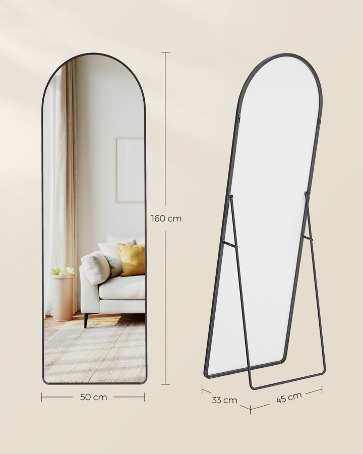 SONGMICS Helkroppsspegel, B&ouml;jd Golvspegel med Stativ, Aluminiumram, H&auml;rdat Glas, F&ouml;r Sovrum, Vardagsrum, Garderob, Runt H&ouml;rn, 160 x 50 cm, Matt Svart LFM051BD01
