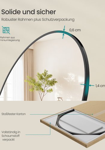 SONGMICS Helkroppsspegel, B&ouml;jd Golvspegel med Stativ, Aluminiumram, H&auml;rdat Glas, F&ouml;r Sovrum, Vardagsrum, Garderob, Runt H&ouml;rn, 160 x 50 cm, Matt Svart LFM051BD01