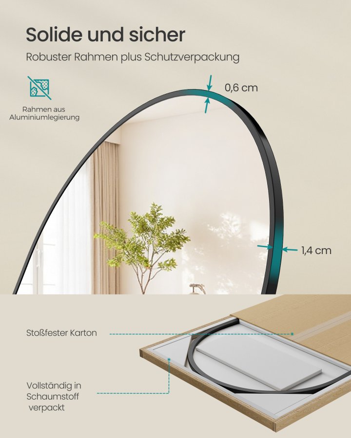 SONGMICS Helkroppsspegel, B&ouml;jd Golvspegel med Stativ, Aluminiumram, H&auml;rdat Glas, F&ouml;r Sovrum, Vardagsrum, Garderob, Runt H&ouml;rn, 160 x 50 cm, Matt Svart LFM051BD01