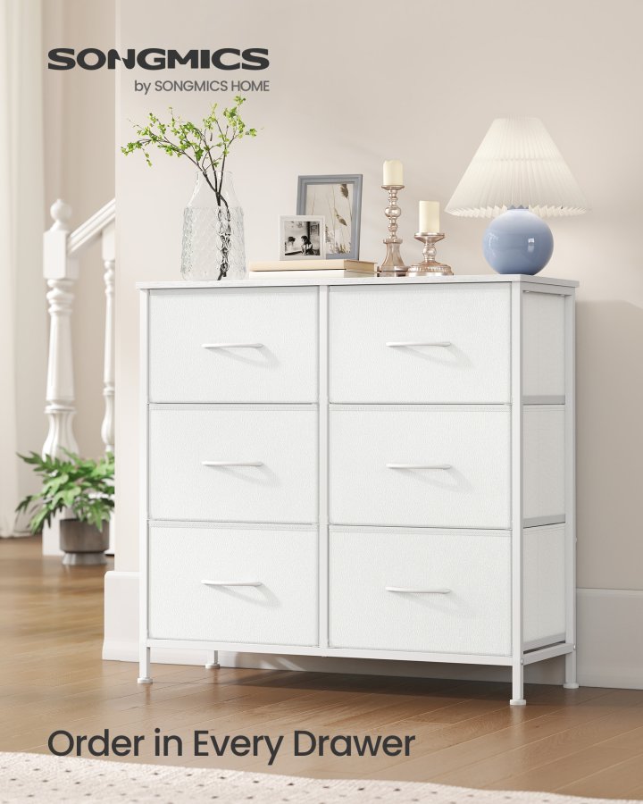 SONGMICS Kommode til sovev�relse, Kommode, St�l, MDF, 6 skuffer i ikke-v�vet stof, Opbevaringsenhed, Skab, Entr&eacute;, Cloud White og Snow White ULGS123WH01