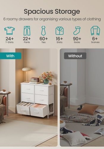 SONGMICS Kommode til sovev�relse, Kommode, St�l, MDF, 6 skuffer i ikke-v�vet stof, Opbevaringsenhed, Skab, Entr&eacute;, Cloud White og Snow White ULGS123WH01