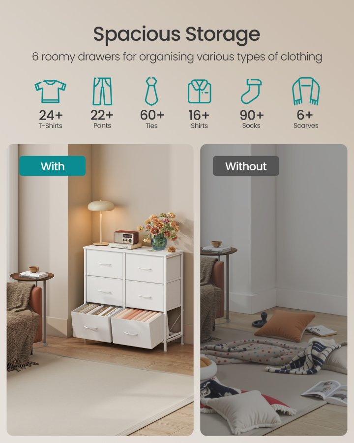 SONGMICS Kommode til sovev�relse, Kommode, St�l, MDF, 6 skuffer i ikke-v�vet stof, Opbevaringsenhed, Skab, Entr&eacute;, Cloud White og Snow White ULGS123WH01