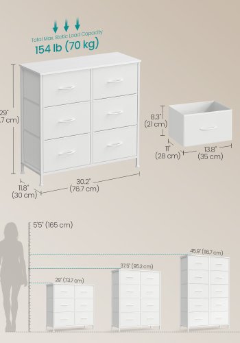 SONGMICS Kommode til sovev�relse, Kommode, St�l, MDF, 6 skuffer i ikke-v�vet stof, Opbevaringsenhed, Skab, Entr&eacute;, Cloud White og Snow White ULGS123WH01