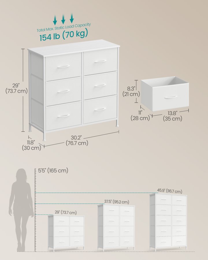 SONGMICS Kommode til sovev�relse, Kommode, St�l, MDF, 6 skuffer i ikke-v�vet stof, Opbevaringsenhed, Skab, Entr&eacute;, Cloud White og Snow White ULGS123WH01
