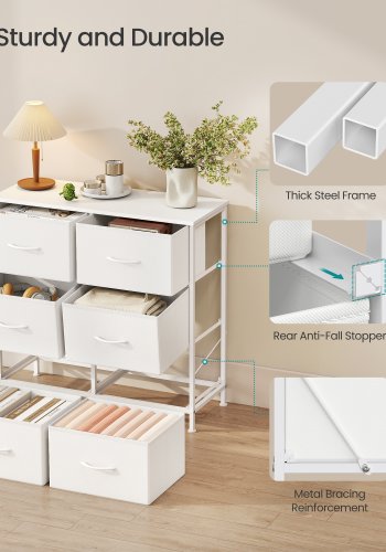 SONGMICS Kommode til sovev�relse, Kommode, St�l, MDF, 6 skuffer i ikke-v�vet stof, Opbevaringsenhed, Skab, Entr&eacute;, Cloud White og Snow White ULGS123WH01