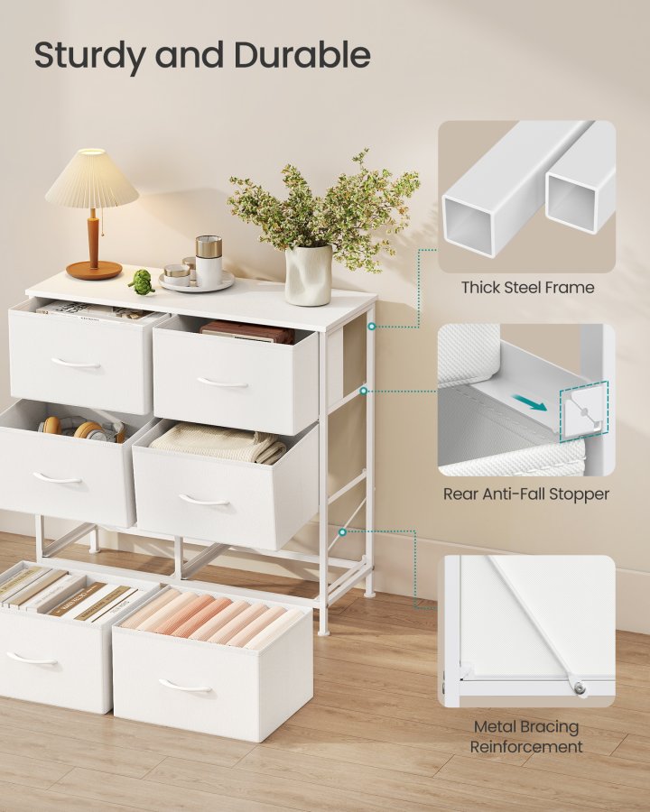 SONGMICS Kommode til sovev�relse, Kommode, St�l, MDF, 6 skuffer i ikke-v�vet stof, Opbevaringsenhed, Skab, Entr&eacute;, Cloud White og Snow White ULGS123WH01