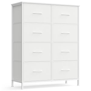 SONGMICS Kommode til sovev�relse, Kommode, St�l, MDF, 8 skuffer i ikke-v�vet stof, Opbevaringsenhed, Skab, Entr&eacute;, Cloud White og Snow White ULGS124WH01