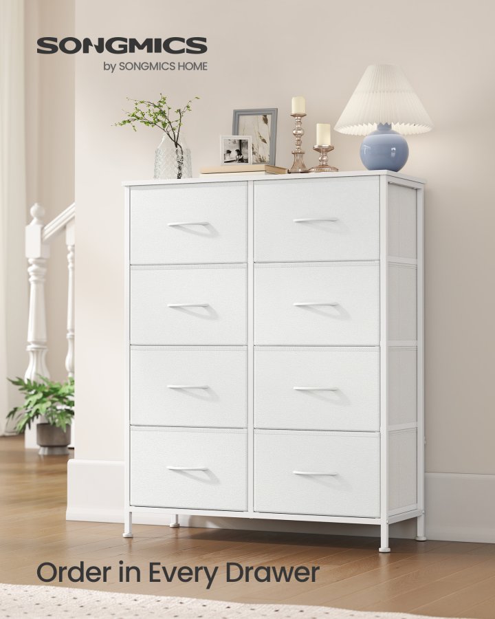 SONGMICS Kommode til sovev�relse, Kommode, St�l, MDF, 8 skuffer i ikke-v�vet stof, Opbevaringsenhed, Skab, Entr&eacute;, Cloud White og Snow White ULGS124WH01