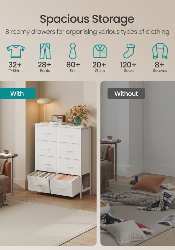 SONGMICS Kommode til sovev�relse, Kommode, St�l, MDF, 8 skuffer i ikke-v�vet stof, Opbevaringsenhed, Skab, Entr&eacute;, Cloud White og Snow White ULGS124WH01